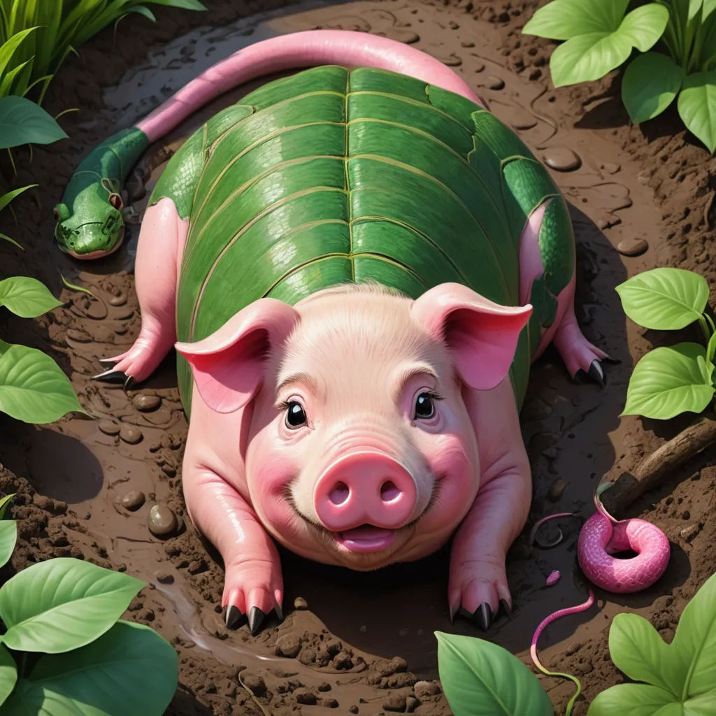 a pig laying on top of a muddy ground next to green leaves and a pink snake on top of it, pop surrealism, a storybook illustration, Diego Gisbert Llorens, highly detailed digital painting