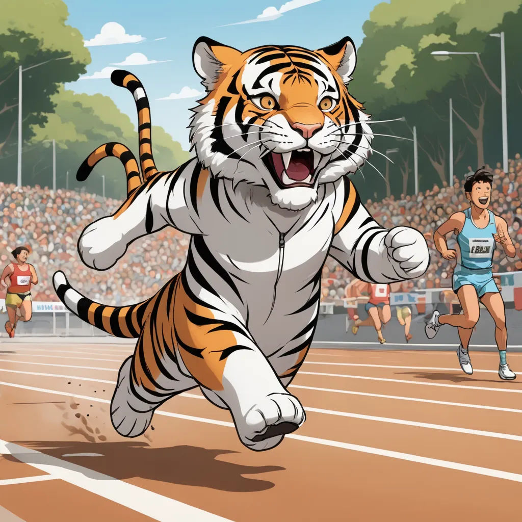a tiger running across a track with a crowd in the background and a man running behind it with a camera, furry art, a comic book panel, Asaf Hanuka, promotional image