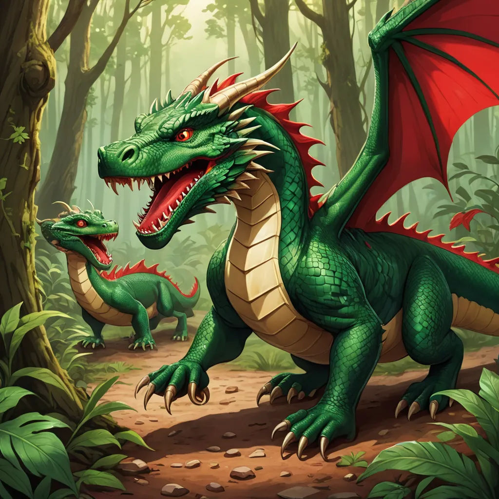 a green dragon and a red dragon in a forest with trees and rocks on the ground and rocks on the ground, fantasy art, concept art, Anne Stokes, dragon art