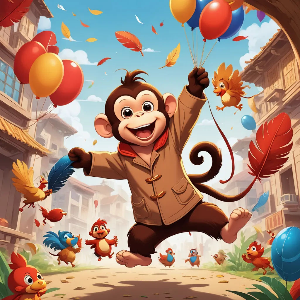 a monkey is flying through the air with balloons and a bunch of birds around him and a bunch of balloons, furry art, a storybook illustration, Diego Gisbert Llorens, official art