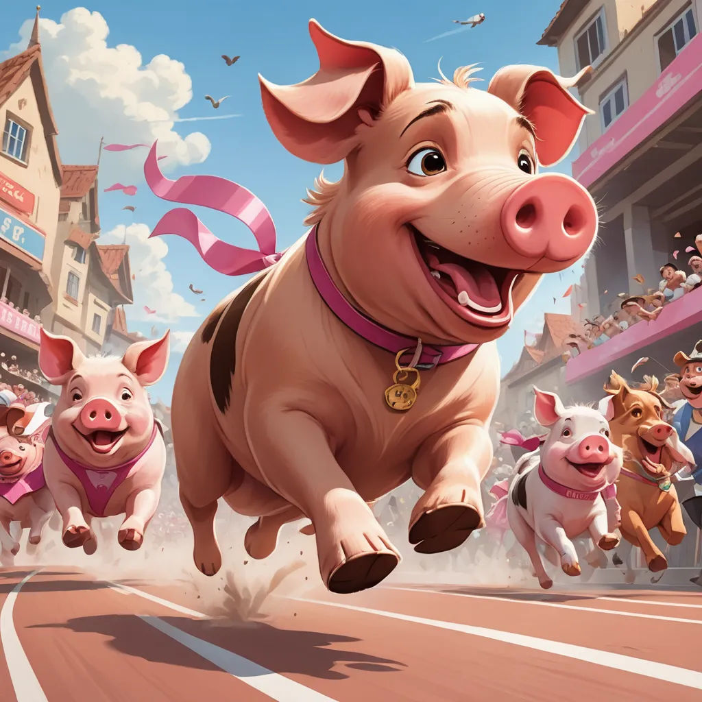 a pig running in a race with other pigs in the background and a crowd of people watching from the stands, sots art, a storybook illustration, Clint Cearley, official art