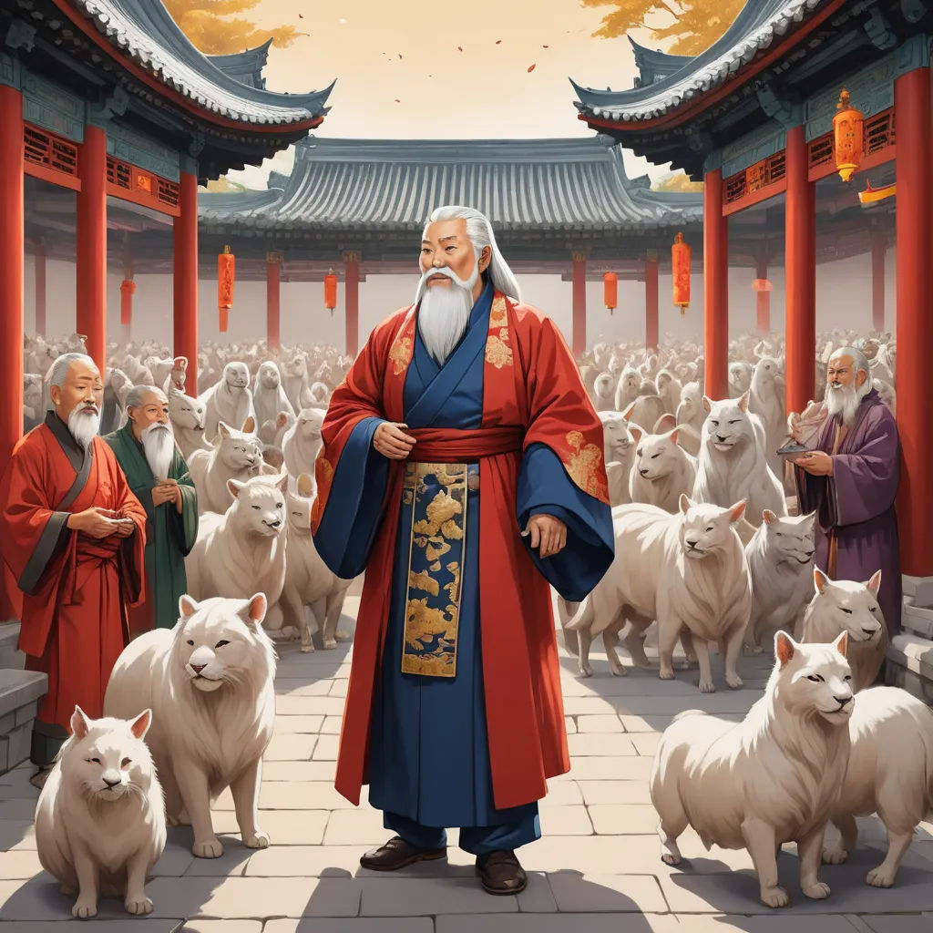 a man standing in front of a herd of sheep in a chinese temple with a sky background and a sky background, furry art, a storybook illustration, Emperor Huizong of Song, rossdraws global illumination