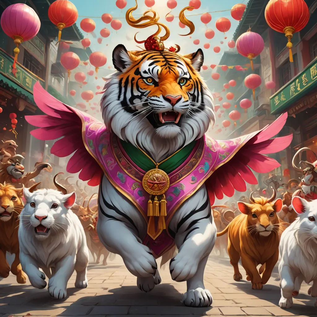 a tiger with a crown on its head surrounded by other tigers and other animals in a city street with lanterns, furry art, a detailed painting, Chris Rallis, rossdraws global illumination