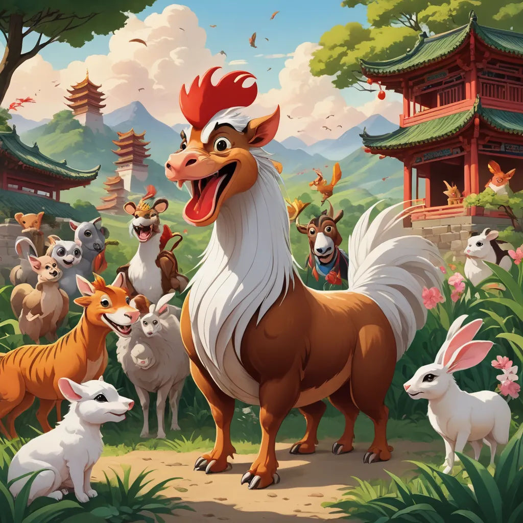 a cartoon of a rooster surrounded by other animals in a forest with a pagoda in the background and a pagoda in the background, furry art, a storybook illustration, Chris LaBrooy, key art