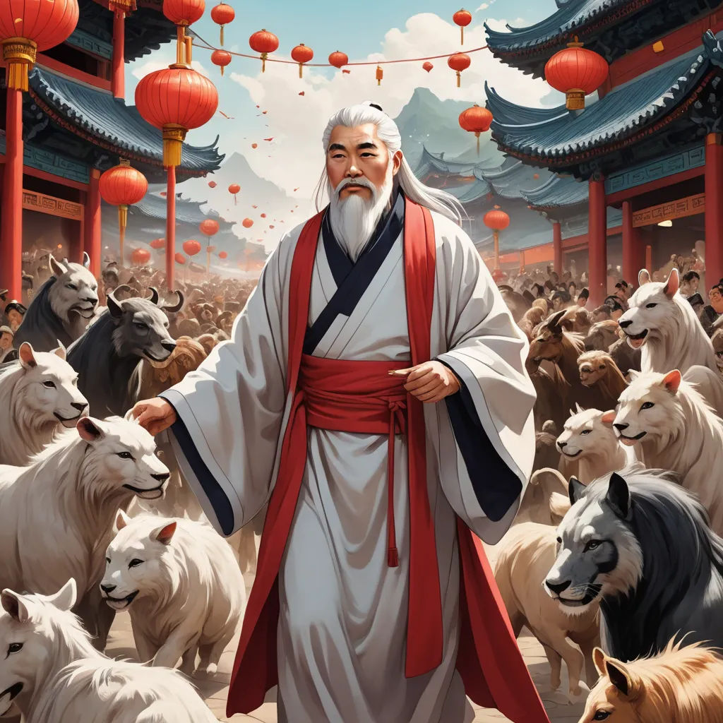 a man in a white robe surrounded by sheep and lanterns in a chinese temple with lanterns hanging above him, lyco art, a storybook illustration, Emperor Huizong of Song, rossdraws global illumination