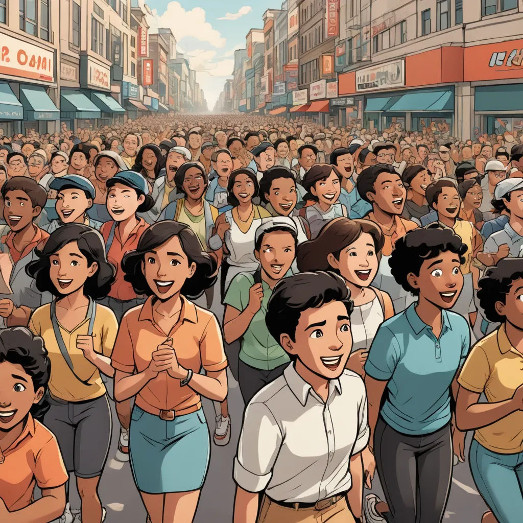 a crowd of people walking down a street next to tall buildings and shops on a sunny day with a man in the middle of the crowd, harlem renaissance, a comic book panel, Asaf Hanuka, graphic novel