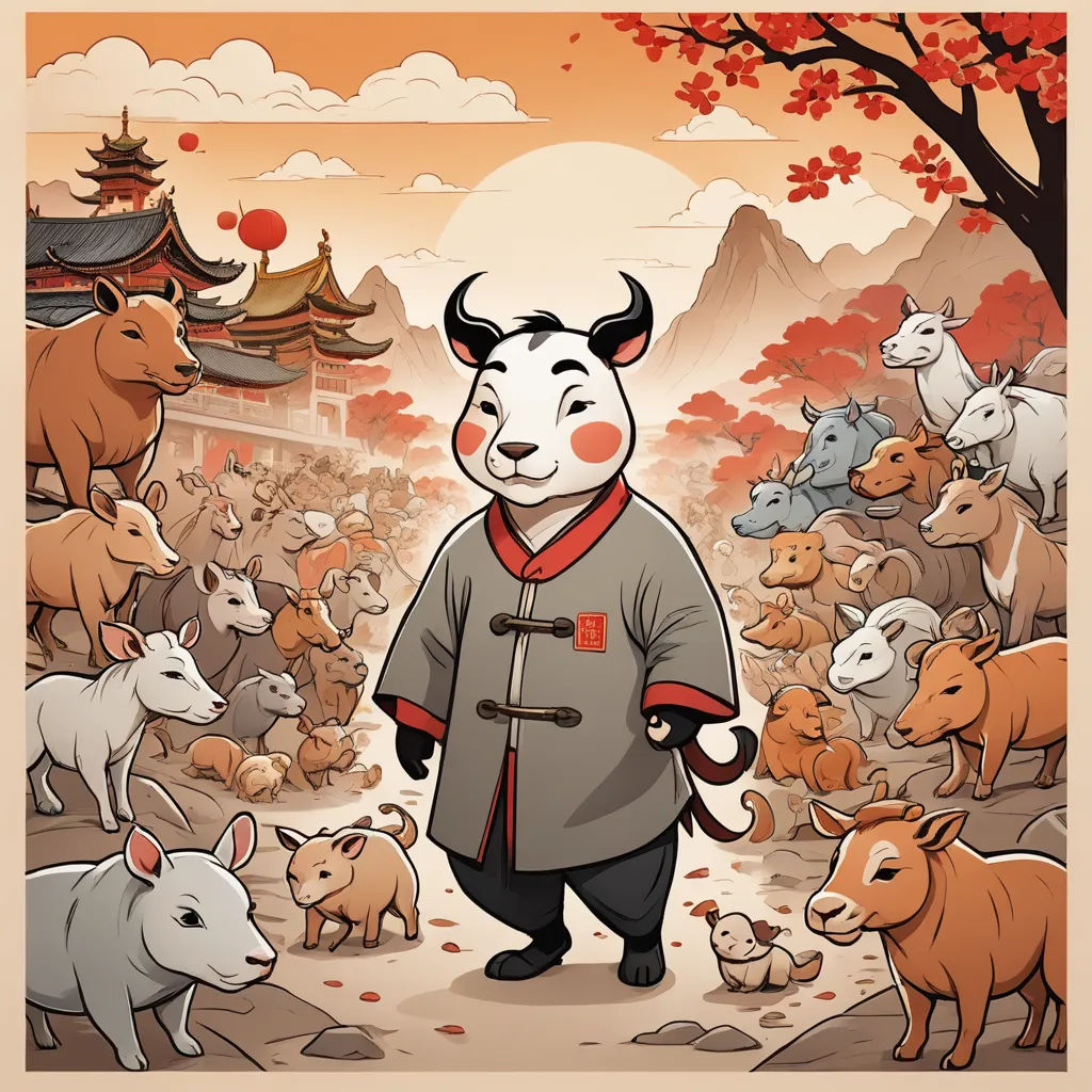 a cartoon of a man standing in front of a herd of animals in a chinese landscape with a sun setting, furry art, a storybook illustration, Cui Bai, trending on furaffinity