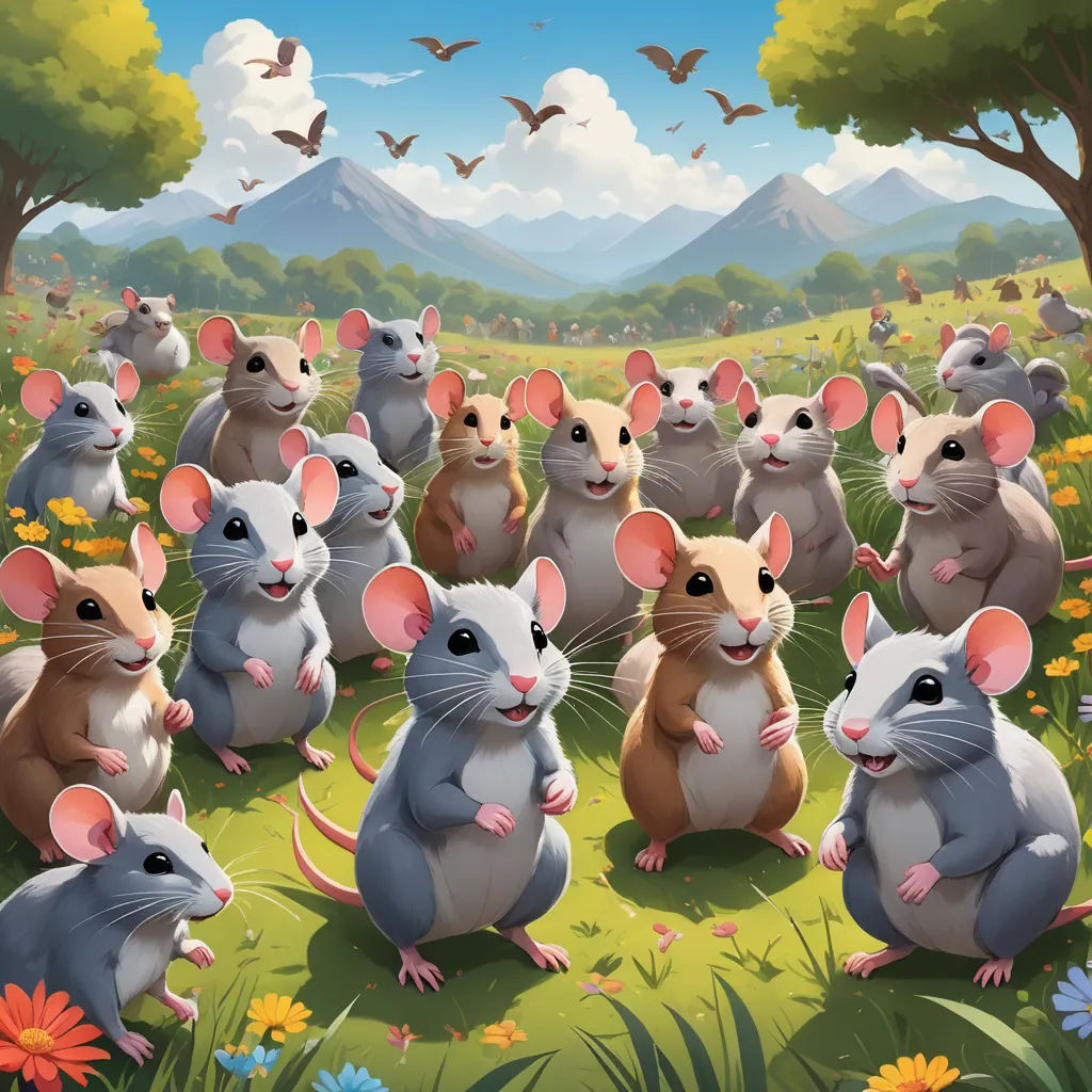 a group of mice sitting in a field of flowers and trees with a mountain in the background and a bird flying overhead, furry art, a storybook illustration, Chris LaBrooy, furaffinity
