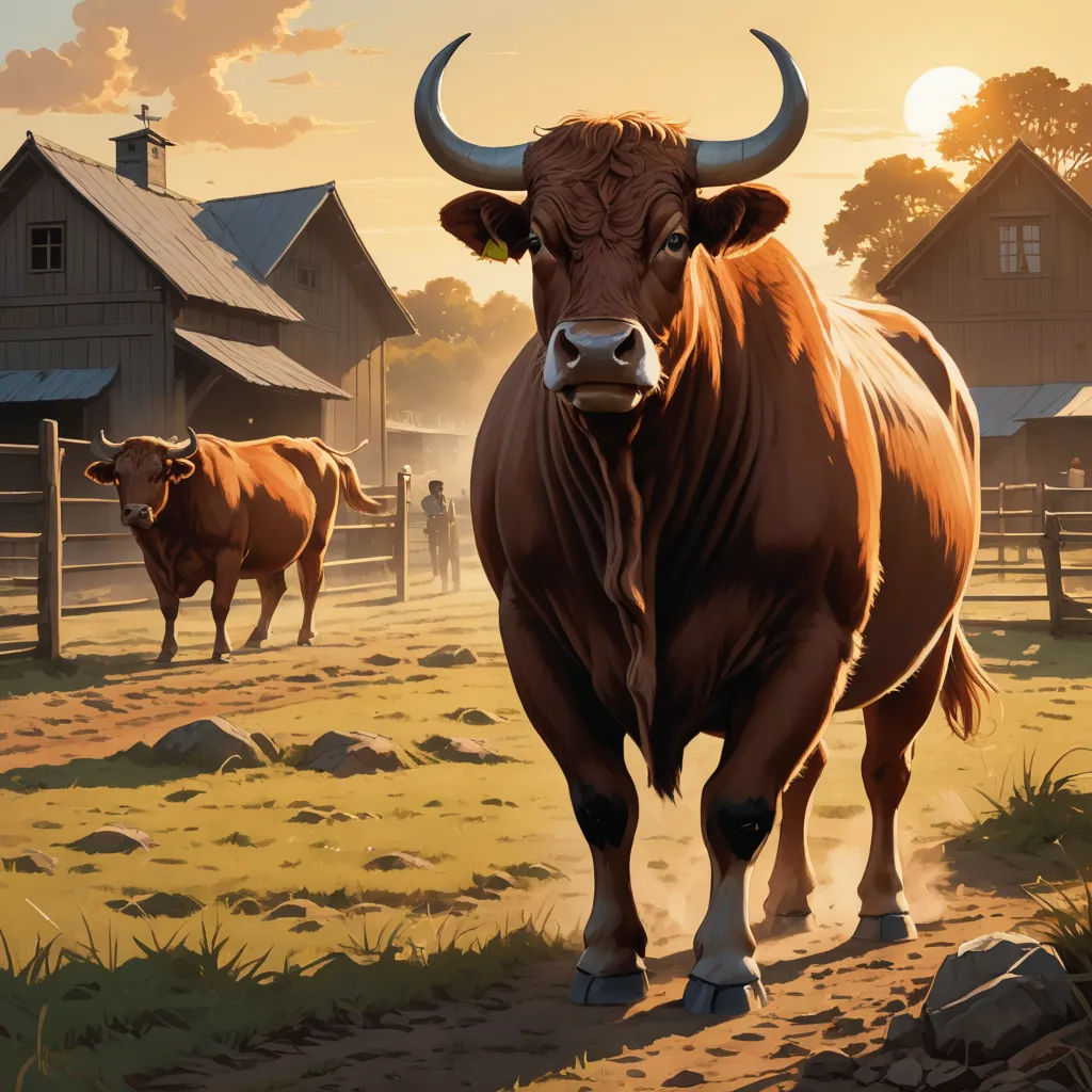 a painting of a bull walking in a field with a barn in the background and a person standing in the distance, american scene painting, a storybook illustration, Dan Mumford, western comic book art