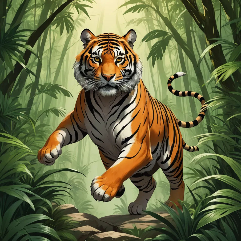 a tiger running through a jungle with tall trees and leaves on the ground and a bright light shining on the tiger, furry art, an album cover, Dan Mumford, rossdraws global illumination