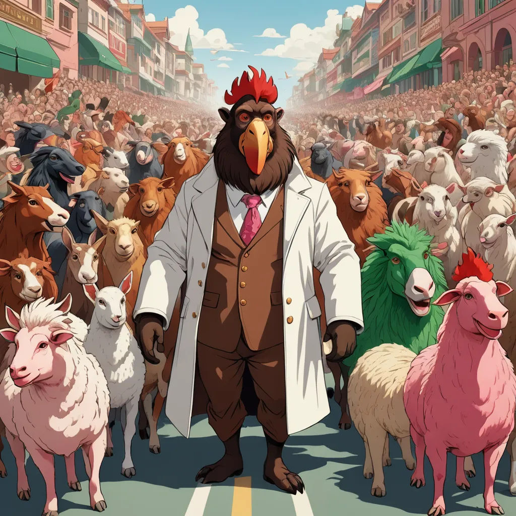 a man standing in front of a large group of sheep in a street with a rooster on his head, afrofuturism, poster art, Chris LaBrooy, promotional image