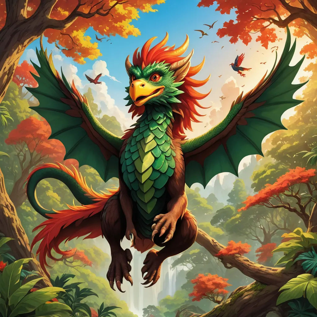 a green and red bird sitting on a tree branch in a forest with trees and birds flying around it, fantasy art, an album cover, Chris LaBrooy, dragon art