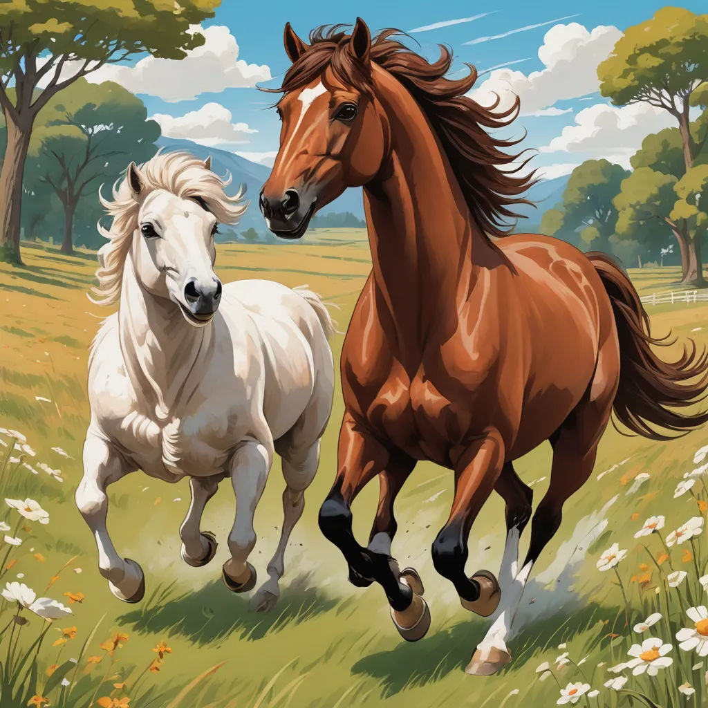 two horses running in a field of grass and flowers with trees in the background and clouds in the sky, american scene painting, computer graphics, Chris LaBrooy, highly detailed digital painting