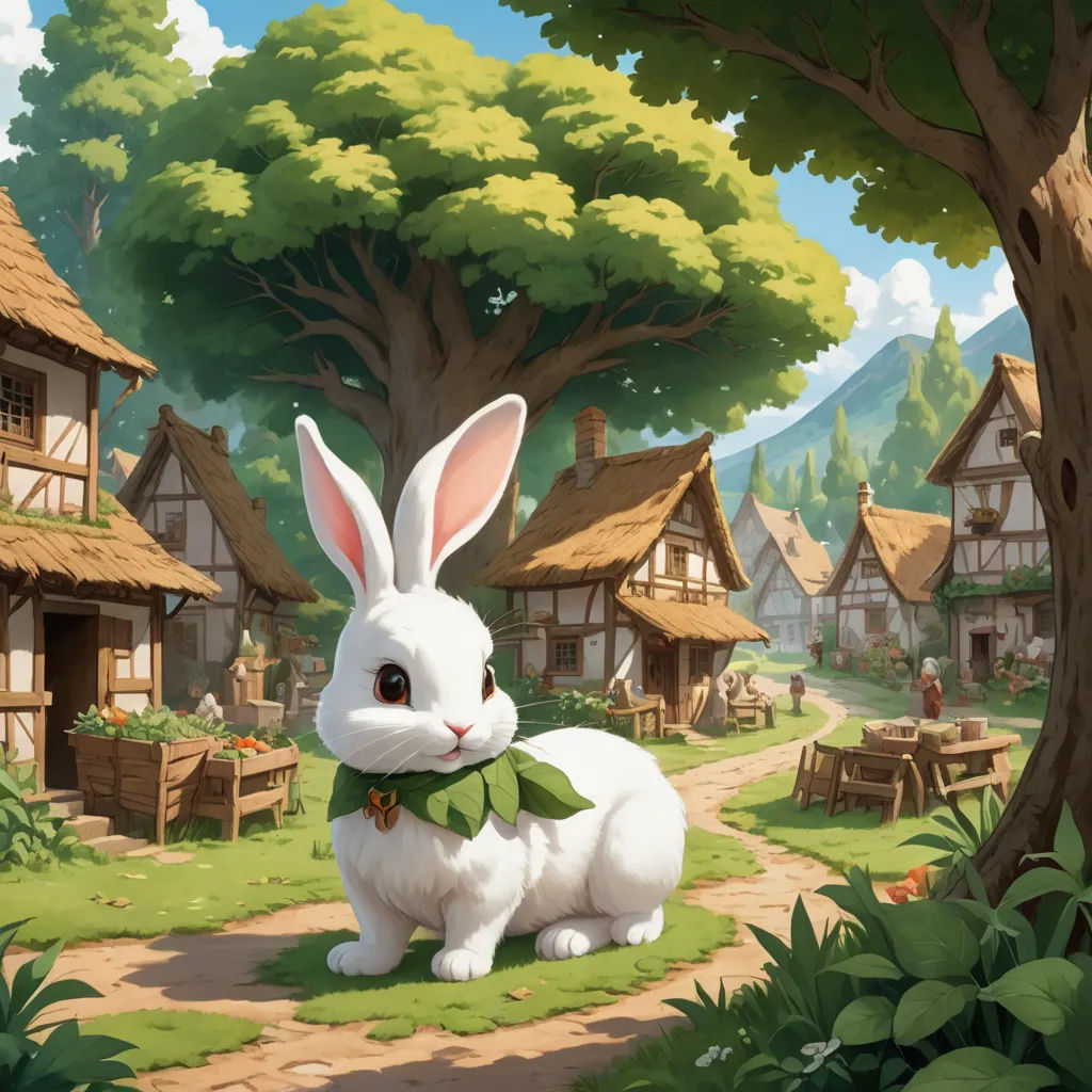 a rabbit sitting in the grass near a village with a tree and a house on the other side of the road, fantasy art, a storybook illustration, Andreas Rocha, rossdraws global illumination