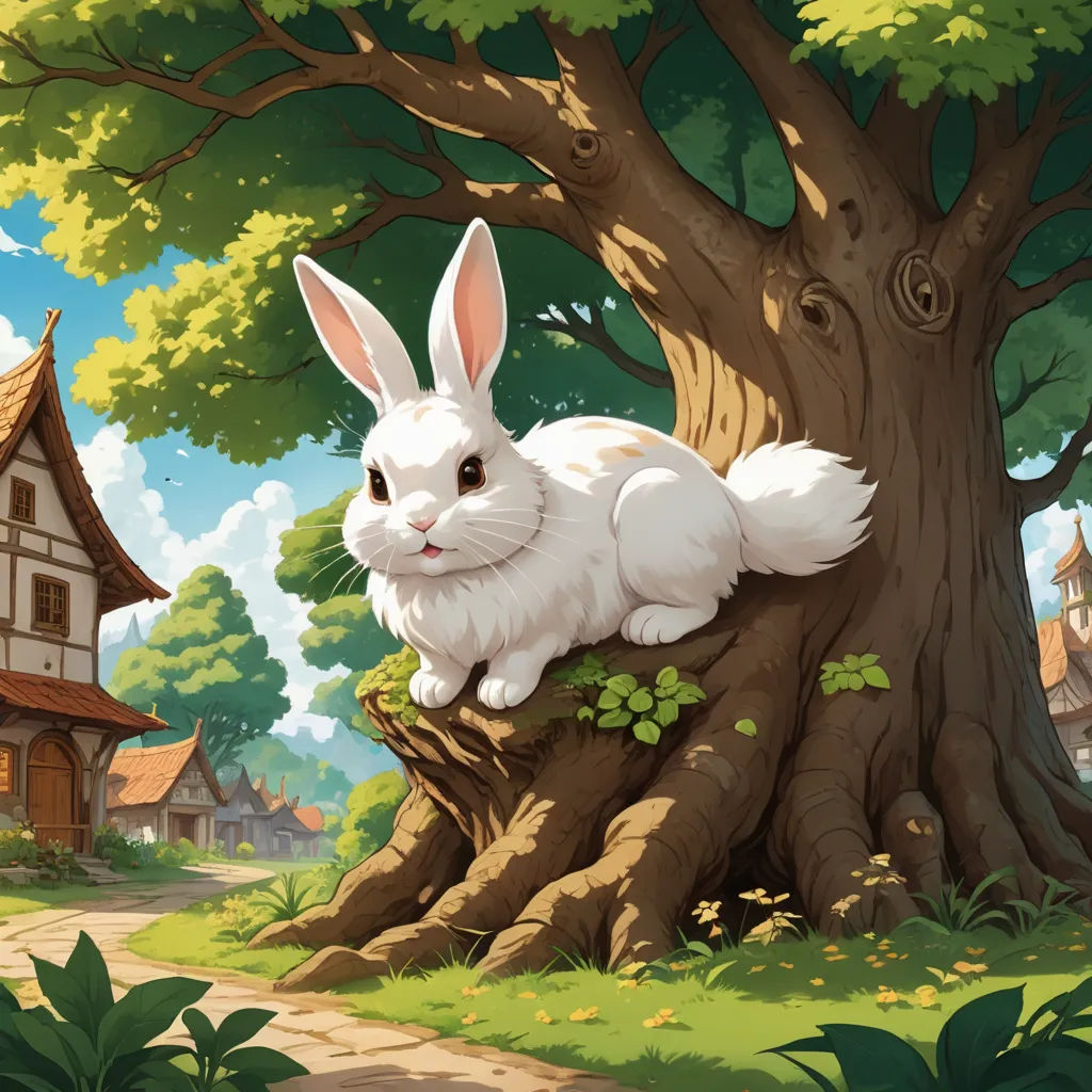 a white rabbit sitting on top of a tree stump in a forest next to a house and a tree, fantasy art, a storybook illustration, Chris Rallis, rossdraws global illumination
