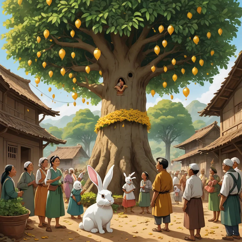 a painting of a group of people standing around a tree with a bunny in front of it and a group of people standing around it, magical realism, a storybook illustration, Chris LaBrooy, storybook illustration