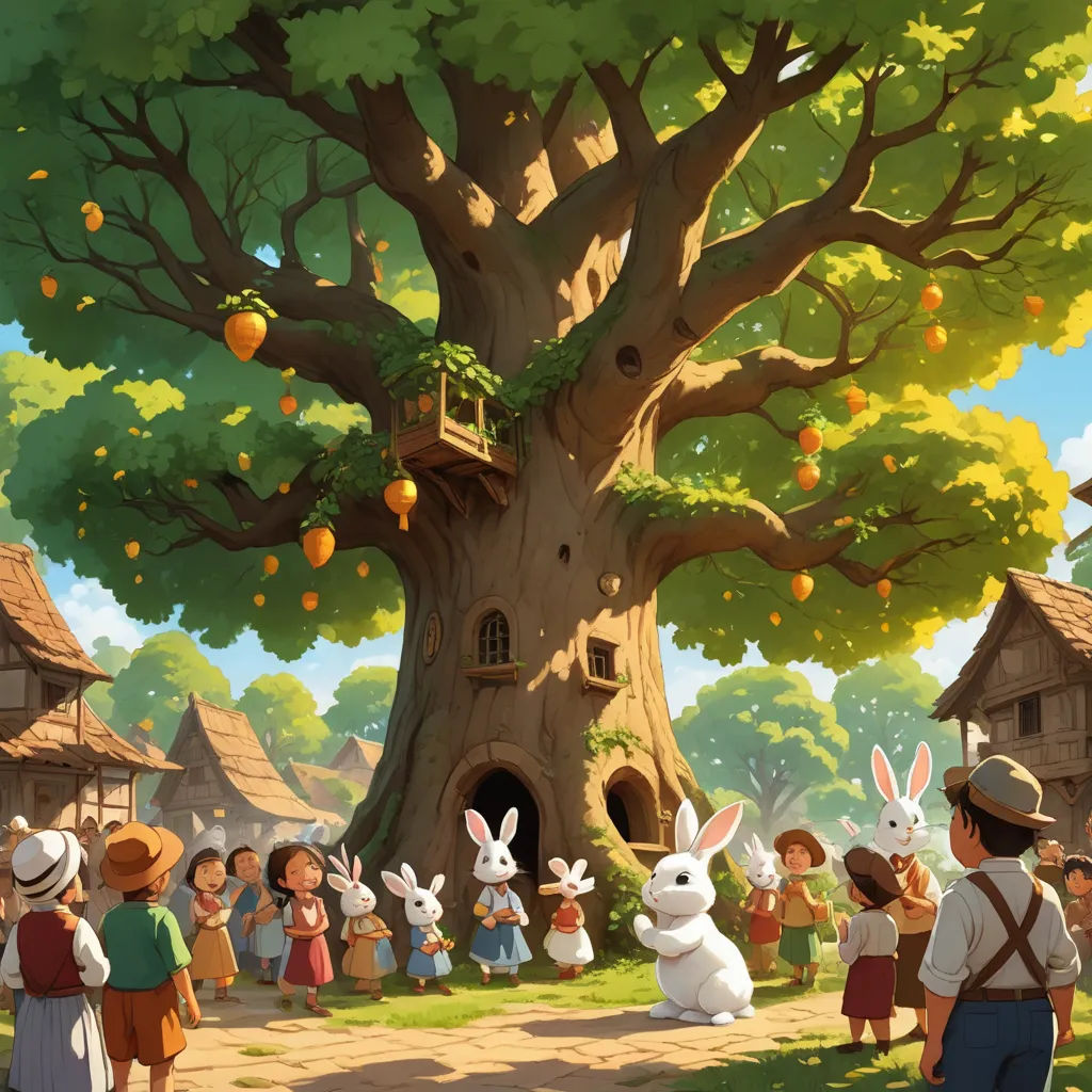 a group of people standing around a tree with rabbits in front of it and a man in a hat, magical realism, a storybook illustration, Chris LaBrooy, storybook illustration