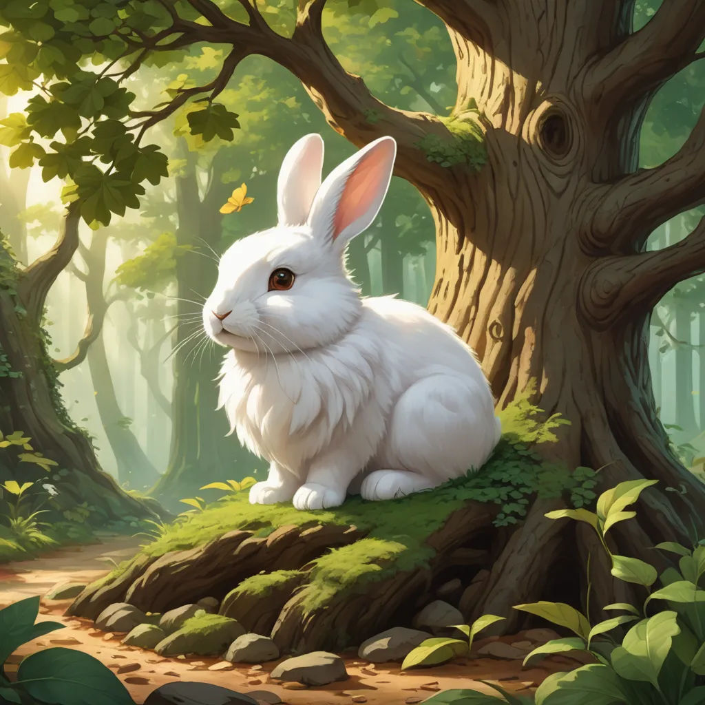 a white rabbit sitting on a tree stump in a forest with rocks and grass and a path leading to a tree, fantasy art, a storybook illustration, Clint Cearley, magic the gathering artwork