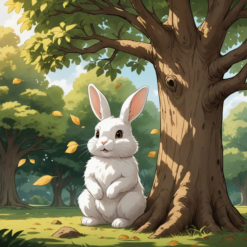 a white rabbit sitting under a tree in a park with leaves falling from the trees around it and a sky background, fantasy art, a storybook illustration, Chris LaBrooy, rossdraws global illumination