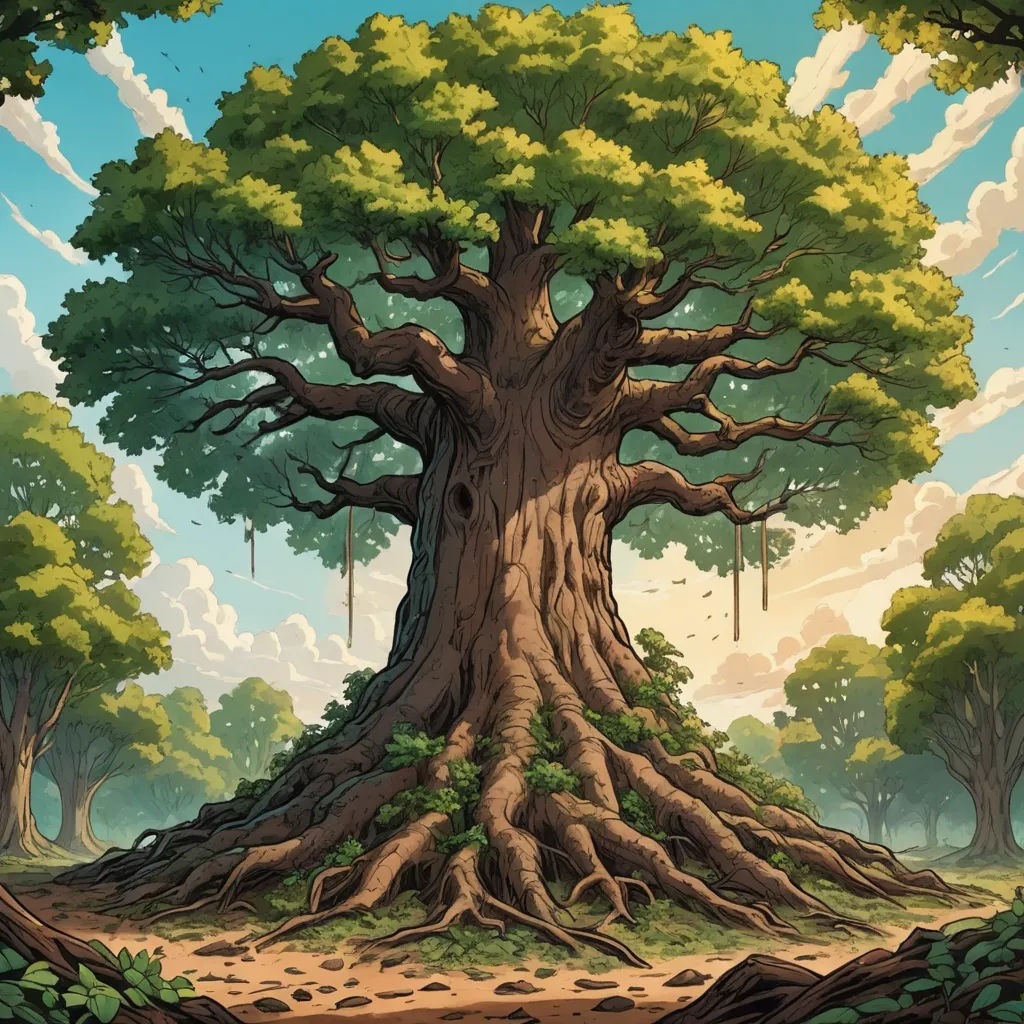 a painting of a tree with a lot of roots on it's sides and a dirt path leading to it, fantasy art, a detailed matte painting, Chris LaBrooy, roots