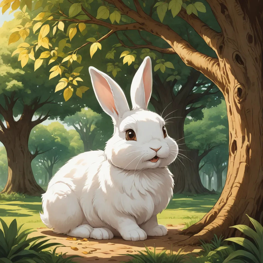 a white rabbit sitting in the middle of a forest with trees and grass around it, looking at the camera, altermodern, a storybook illustration, Chris LaBrooy, rossdraws global illumination