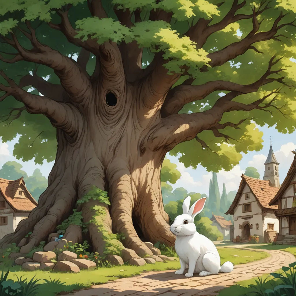 a white rabbit sitting in front of a tree in a cartoon style with a house in the background and a path leading to it, fantasy art, a storybook illustration, Chris LaBrooy, storybook illustration