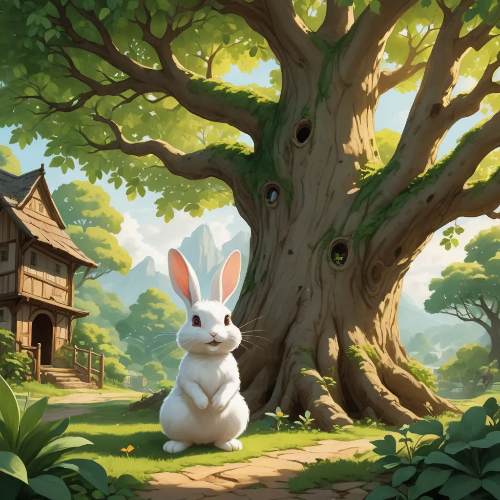 a rabbit sitting in the grass near a tree and a house with a birdhouse in the background,, fantasy art, a storybook illustration, Chris LaBrooy, rossdraws global illumination