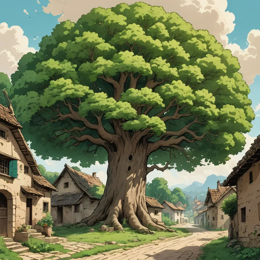 a cartoon of a tree in a village with a cobblestone road and a cobblestone walkway, fantasy art, a detailed matte painting, Chris LaBrooy, ghibli