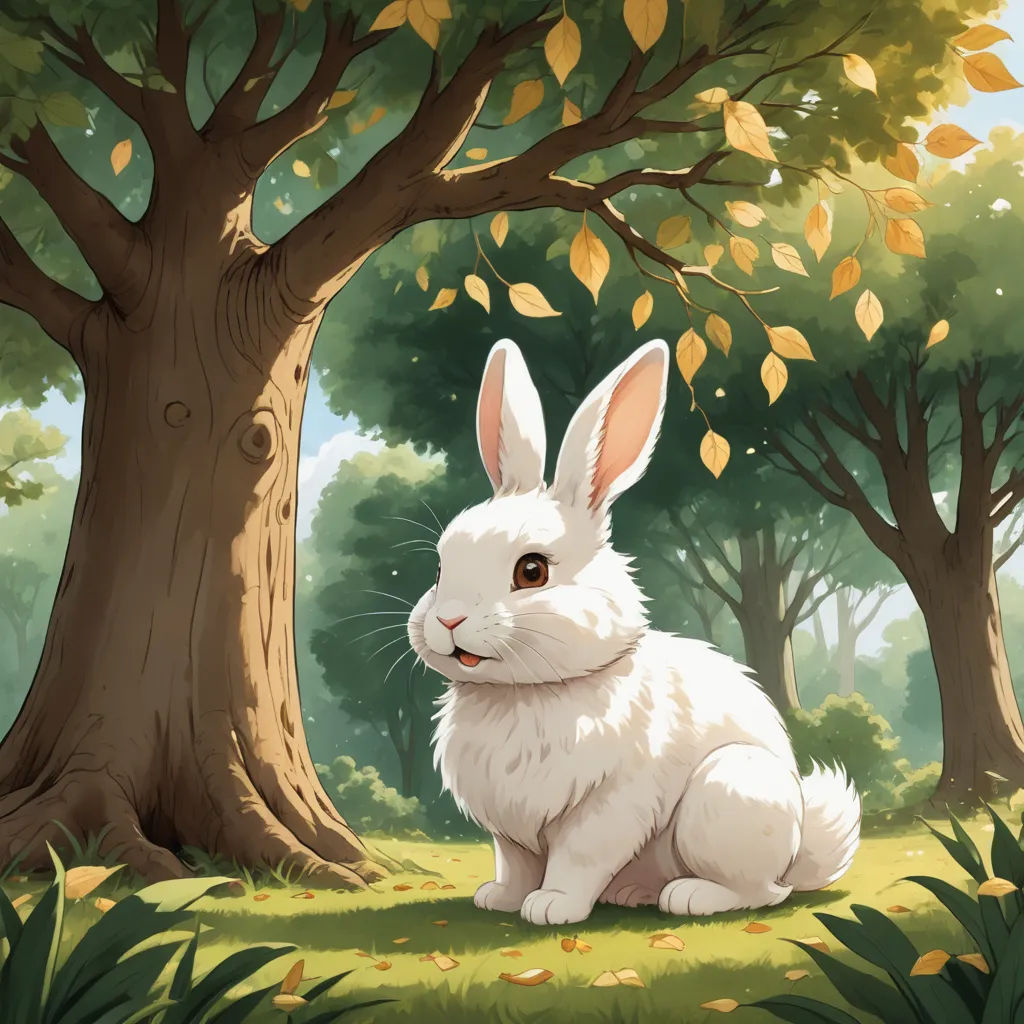 a white rabbit sitting in the grass near a tree with leaves on it's branches and a sky background, fantasy art, a storybook illustration, Chris LaBrooy, rossdraws global illumination