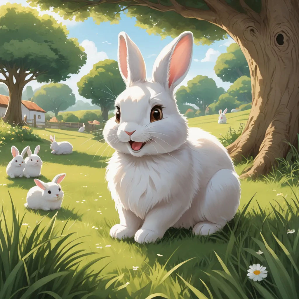 a white rabbit sitting in the grass with other white rabbits in the background and a tree in the foreground, altermodern, an ultrafine detailed painting, Chris LaBrooy, rossdraws global illumination