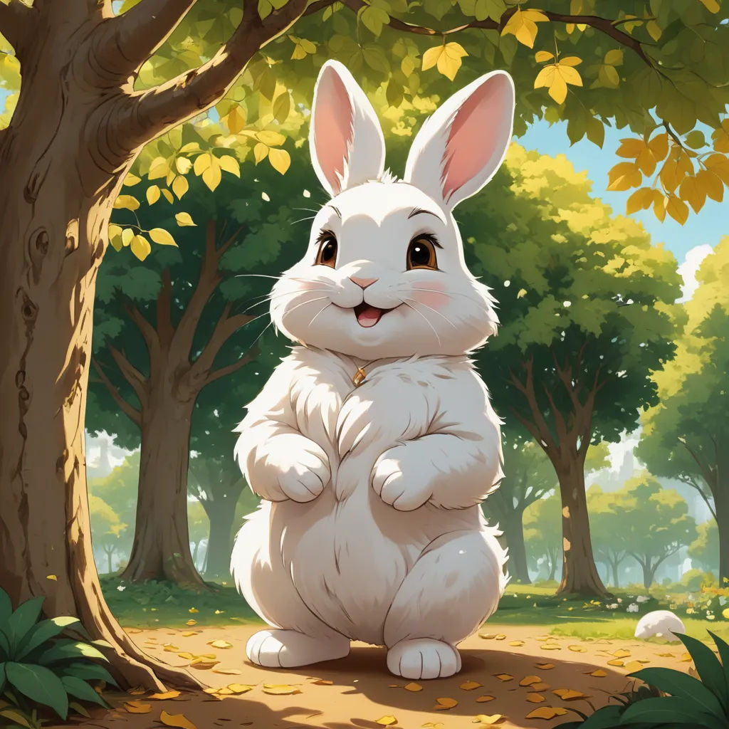 a white rabbit sitting in the middle of a forest with trees and leaves on the ground and a yellow tag in its ear, furry art, an ultrafine detailed painting, Clint Cearley, rossdraws global illumination