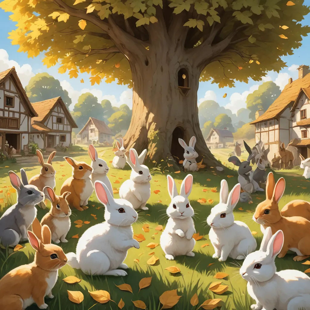 a painting of a group of rabbits in a field with a tree in the background and a house in the background, furry art, a storybook illustration, Chris LaBrooy, rossdraws global illumination