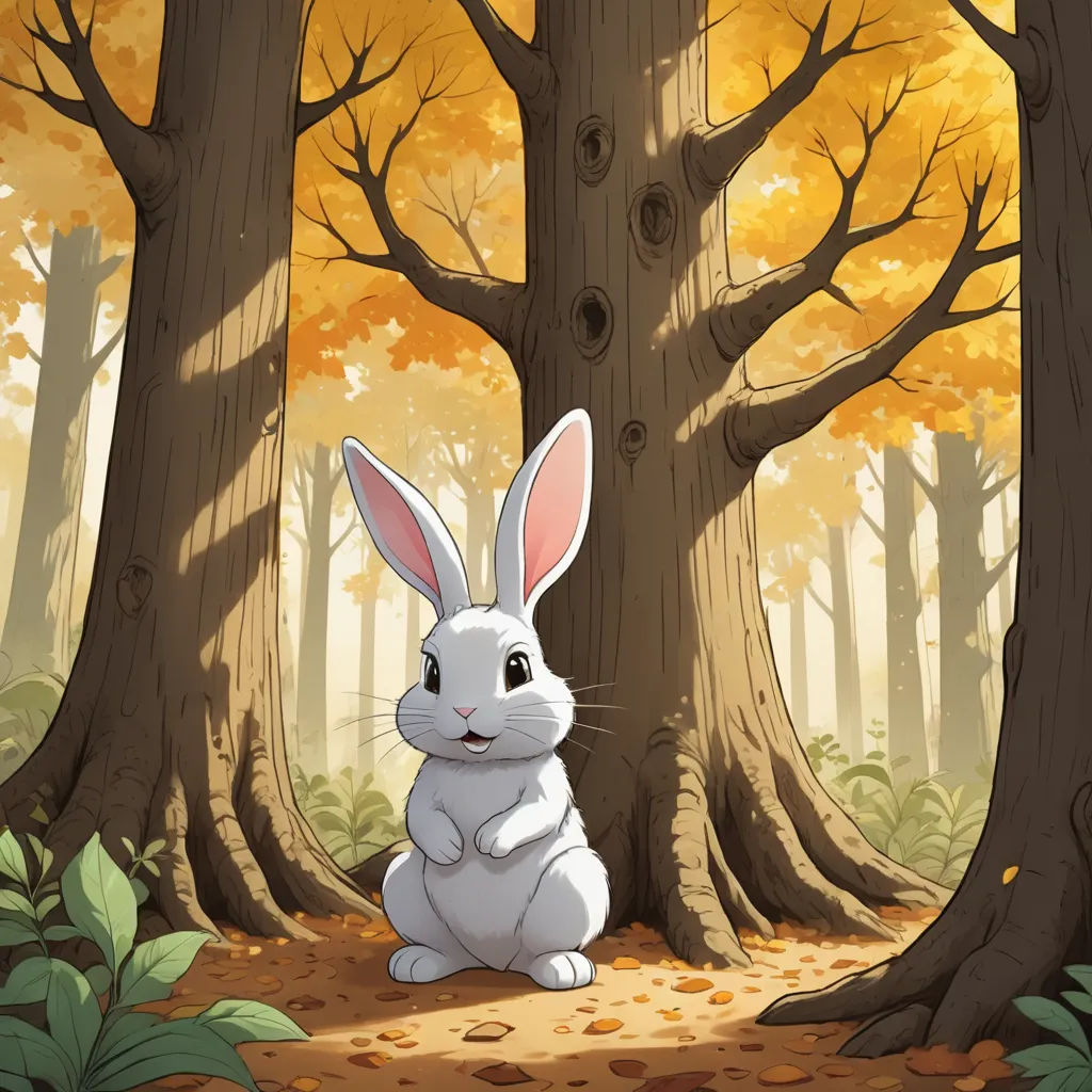 a rabbit sitting in the middle of a forest with trees and leaves on the ground and a forest background, fantasy art, a storybook illustration, Beatrix Potter, rossdraws global illumination