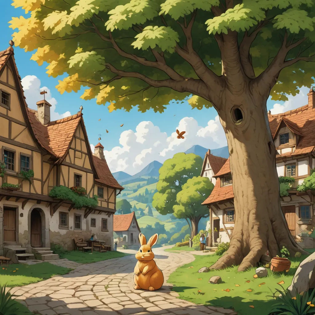 a cartoon of a rabbit sitting in front of a tree in a village with a bird flying overhead and a house in the background, fantasy art, a storybook illustration, Chris LaBrooy, rossdraws global illumination