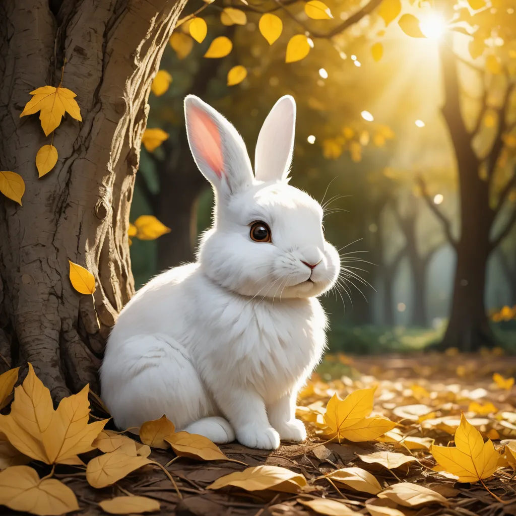 a white rabbit sitting under a tree in a forest with leaves on the ground and a sun shining through the trees, furry art, a photorealistic painting, Beatrix Potter, rossdraws global illumination