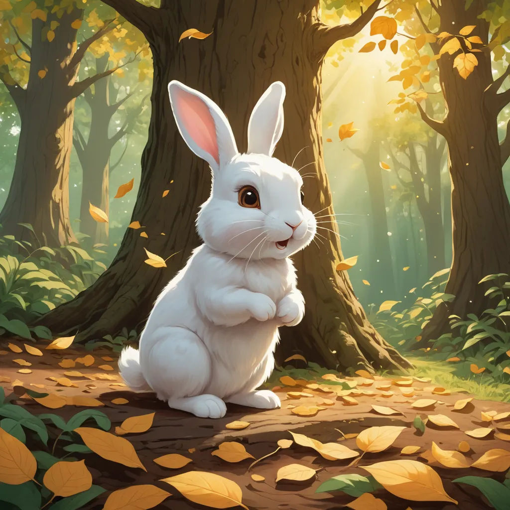 a white rabbit sitting in the middle of a forest with leaves on the ground and a tree in the background, altermodern, an ultrafine detailed painting, Clint Cearley, rossdraws global illumination