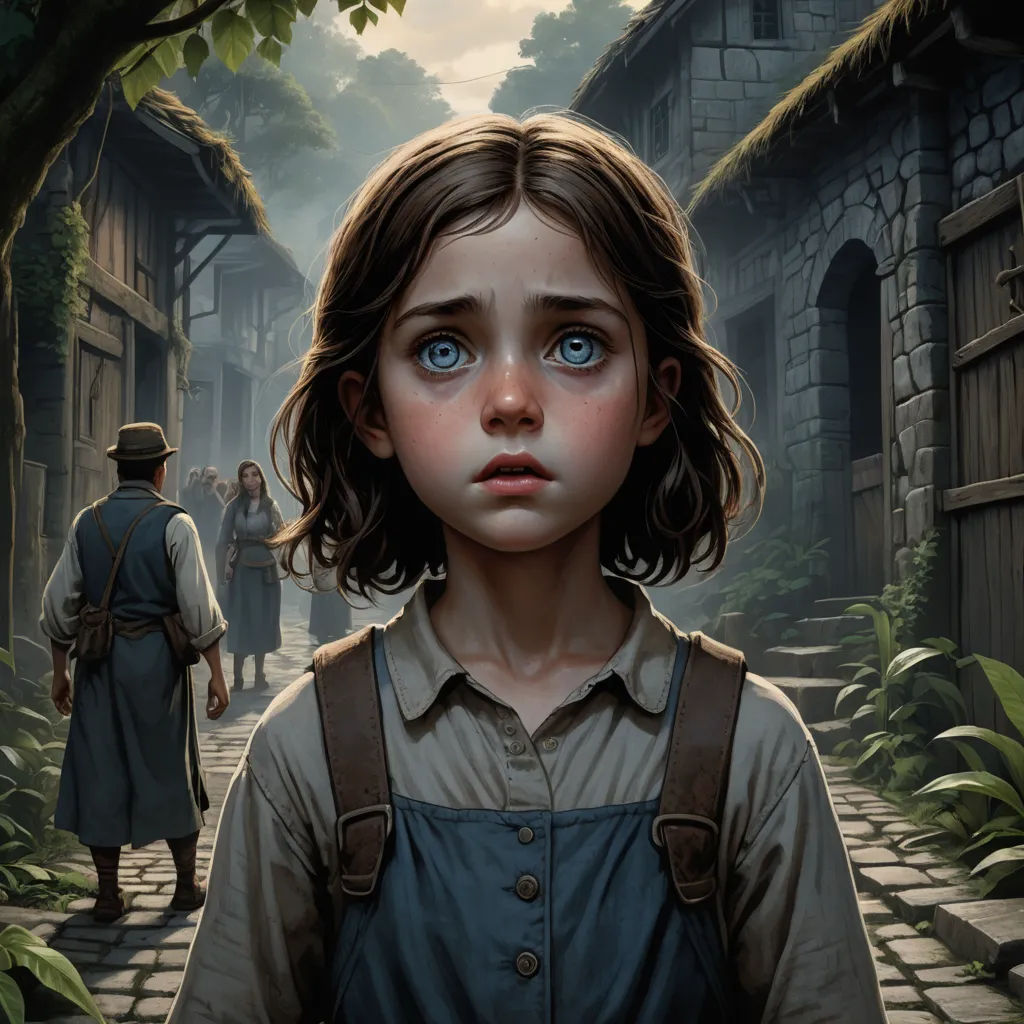 a painting of a young girl with blue eyes and a man in a brown shirt walking down a street, fantasy art, a detailed matte painting, Bastien Lecouffe-Deharme, trending on art station