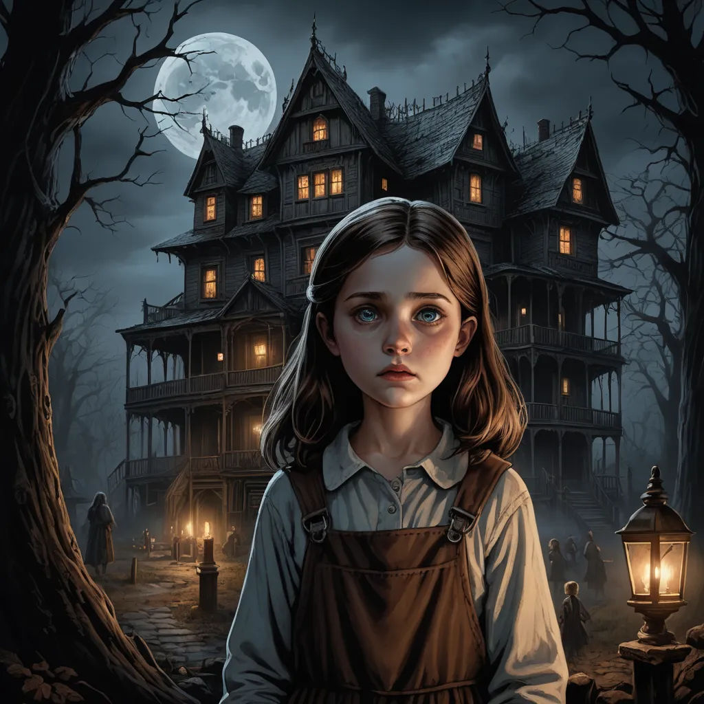 a painting of a girl standing in front of a creepy house with a lantern in her hand and a full moon in the background, gothic art, poster art, Brad Kunkle, dark art
