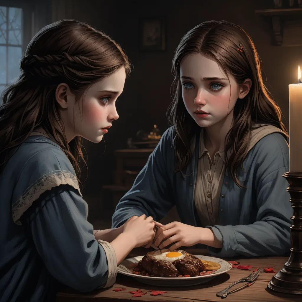 two girls sitting at a table with a plate of food in front of them, one of them is eating, fantasy art, a detailed painting, Andrea Kowch, trending on art station