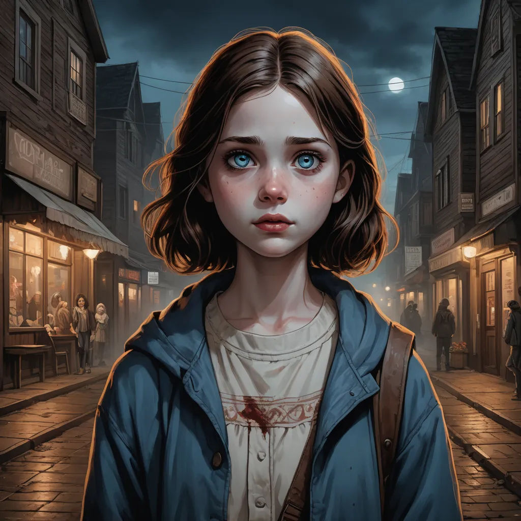 a painting of a girl with blue eyes standing in a street at night with a creepy look on her face, fantasy art, a detailed painting, Bastien Lecouffe-Deharme, trending on art station