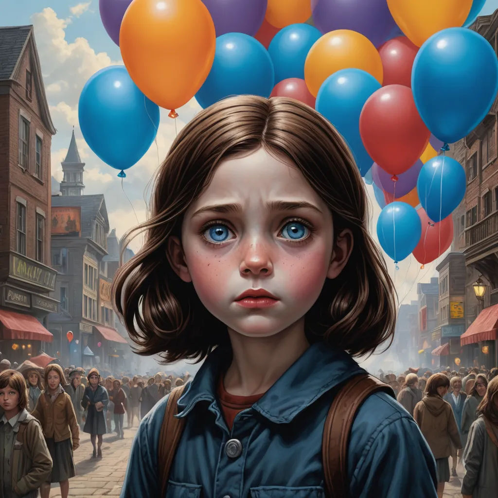 a painting of a girl with blue eyes and brown hair with a bunch of balloons floating above her head, pop surrealism, an ultrafine detailed painting, Aaron Jasinski, highly detailed digital painting