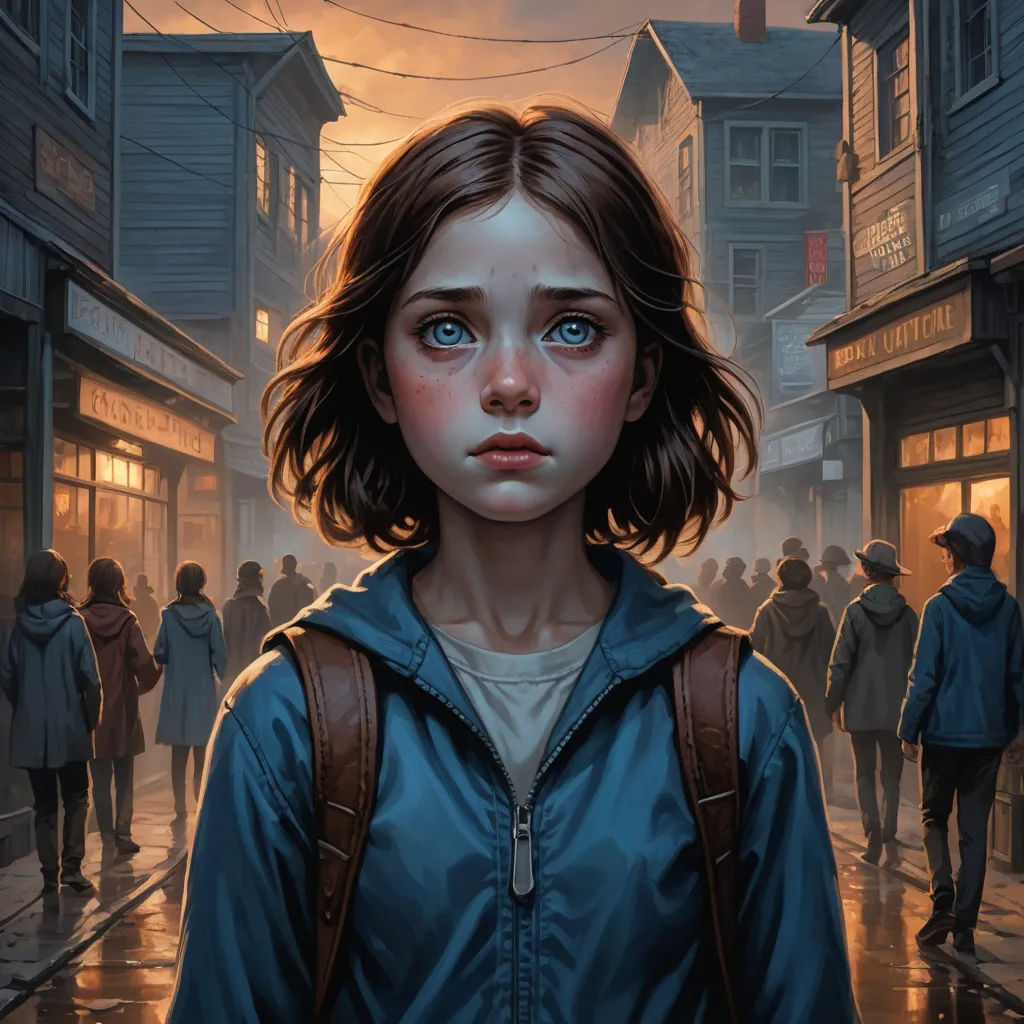 a painting of a girl with blue eyes standing in a street with people walking by her and a building with a clock on it, sots art, a detailed painting, Aaron Jasinski, key art