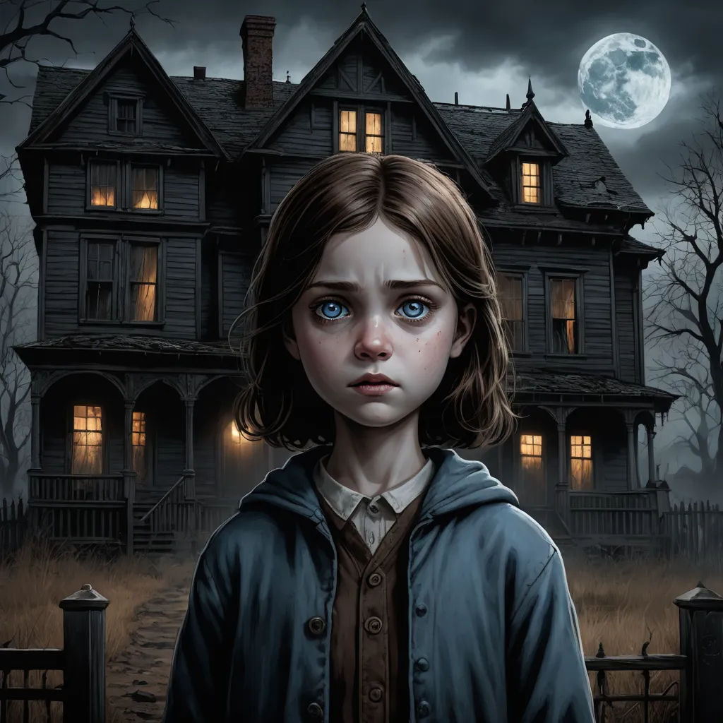 a painting of a girl in front of a creepy house with a full moon in the background and a creepy looking house in the background, gothic art, a detailed matte painting, Elinor Proby Adams, promotional image
