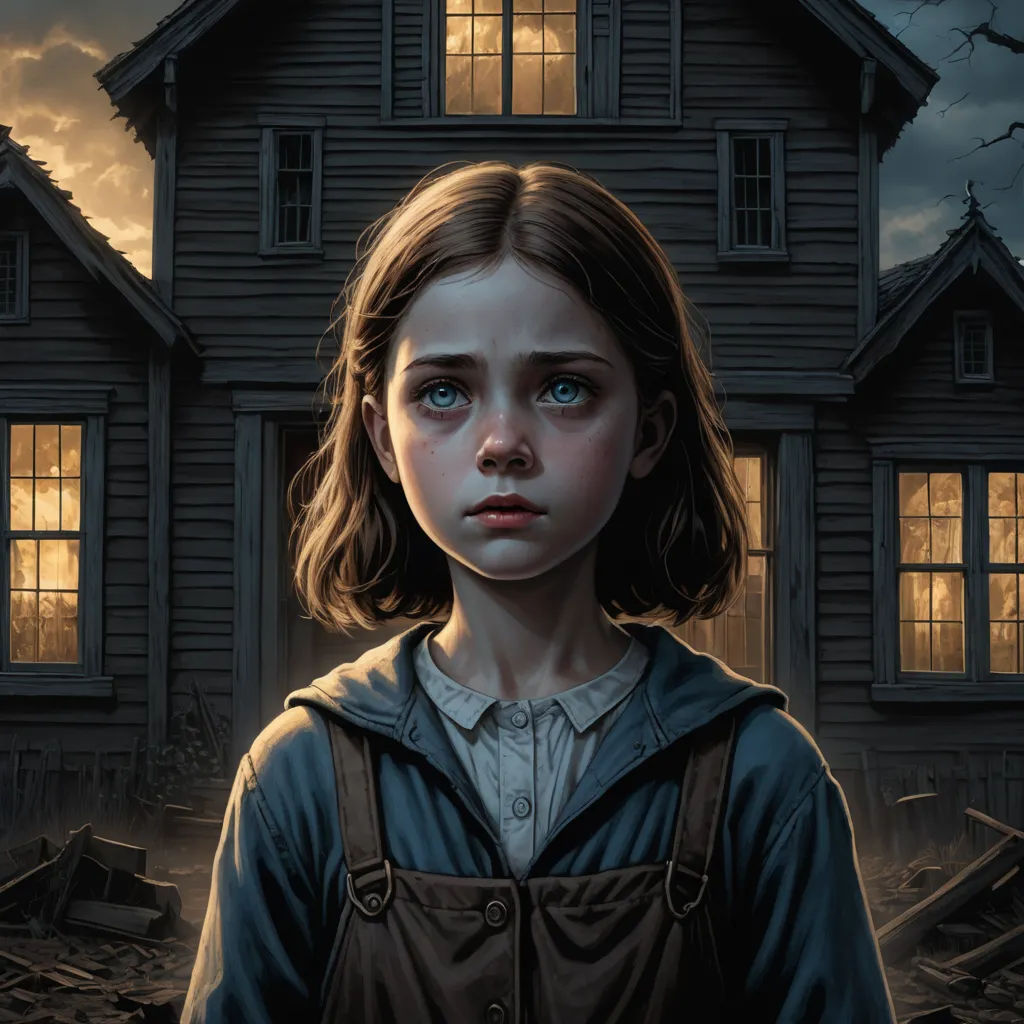 a girl standing in front of a house with a creepy look on her face and eyes, with a creepy background, fantastic realism, poster art, Andrea Kowch, sinister