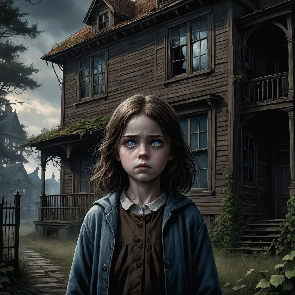 a painting of a girl standing in front of a house with a creepy look on her face and eyes, gothic art, a detailed matte painting, Craig Davison, promotional image
