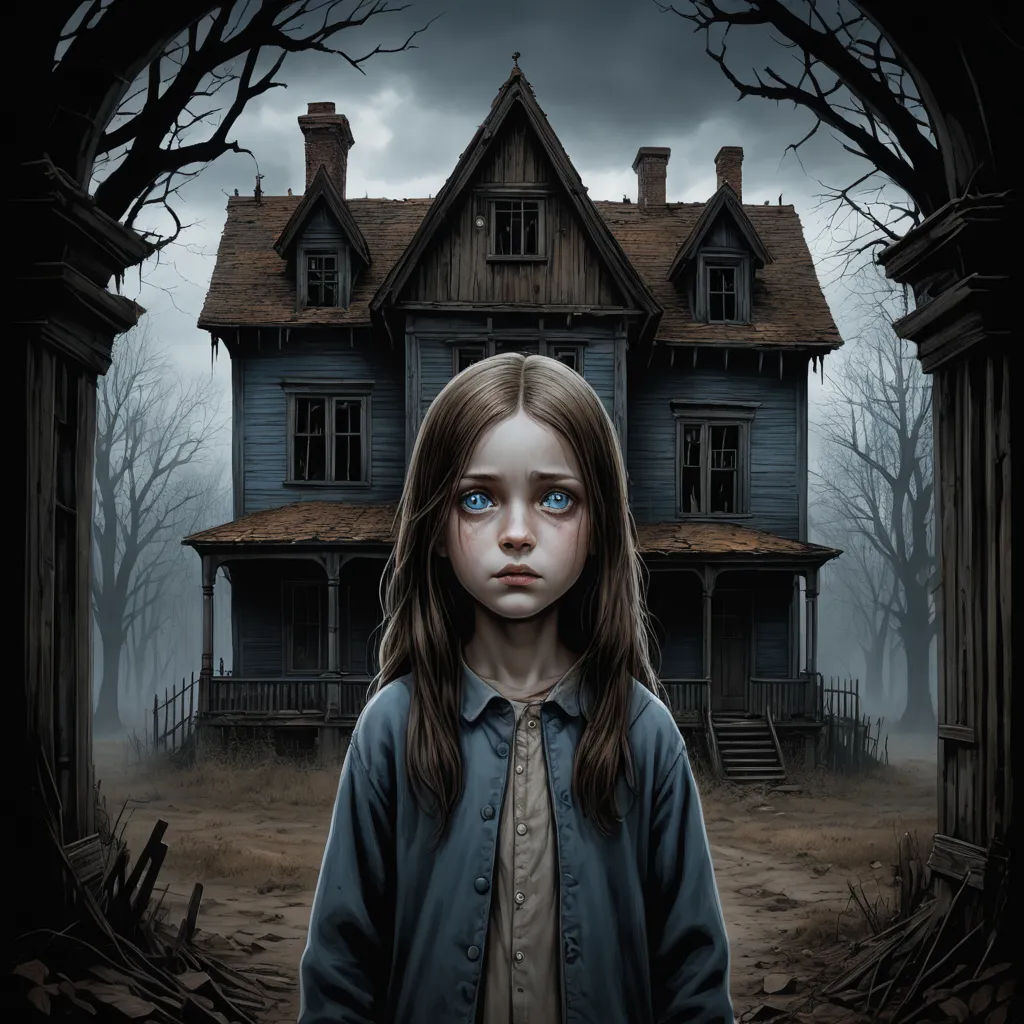 a girl standing in front of a creepy house with a creepy face and blue eyes in a creepy scene, gothic art, poster art, Craig Davison, promotional image