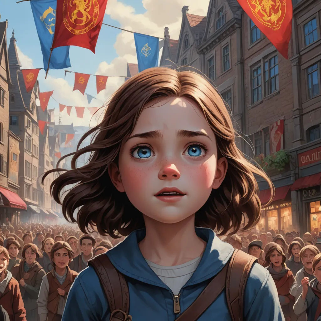 a young girl with blue eyes stands in front of a crowd of people in a town square with flags, fantasy art, a storybook illustration, Clint Cearley, official art