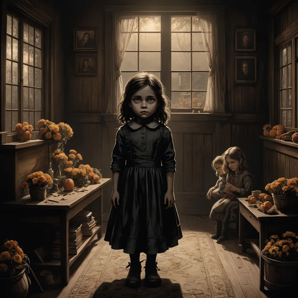 a painting of a little girl standing in a room with flowers in the background and a doll sitting on the floor, gothic art, a detailed painting, Brad Kunkle, promotional image
