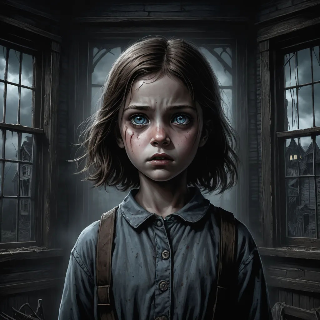 a painting of a girl with blue eyes and a creepy look on her face, standing in front of a window, gothic art, a detailed painting, Bastien L. Deharme, highly detailed digital painting