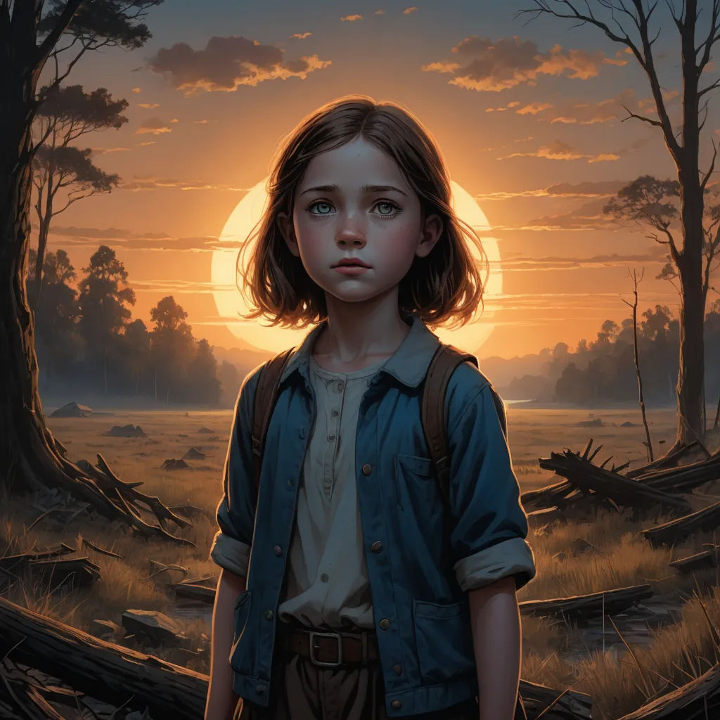 a painting of a girl standing in a forest at sunset with the sun in the background and trees in the foreground, american scene painting, a detailed painting, Dan Mumford, dan mumford. octane render